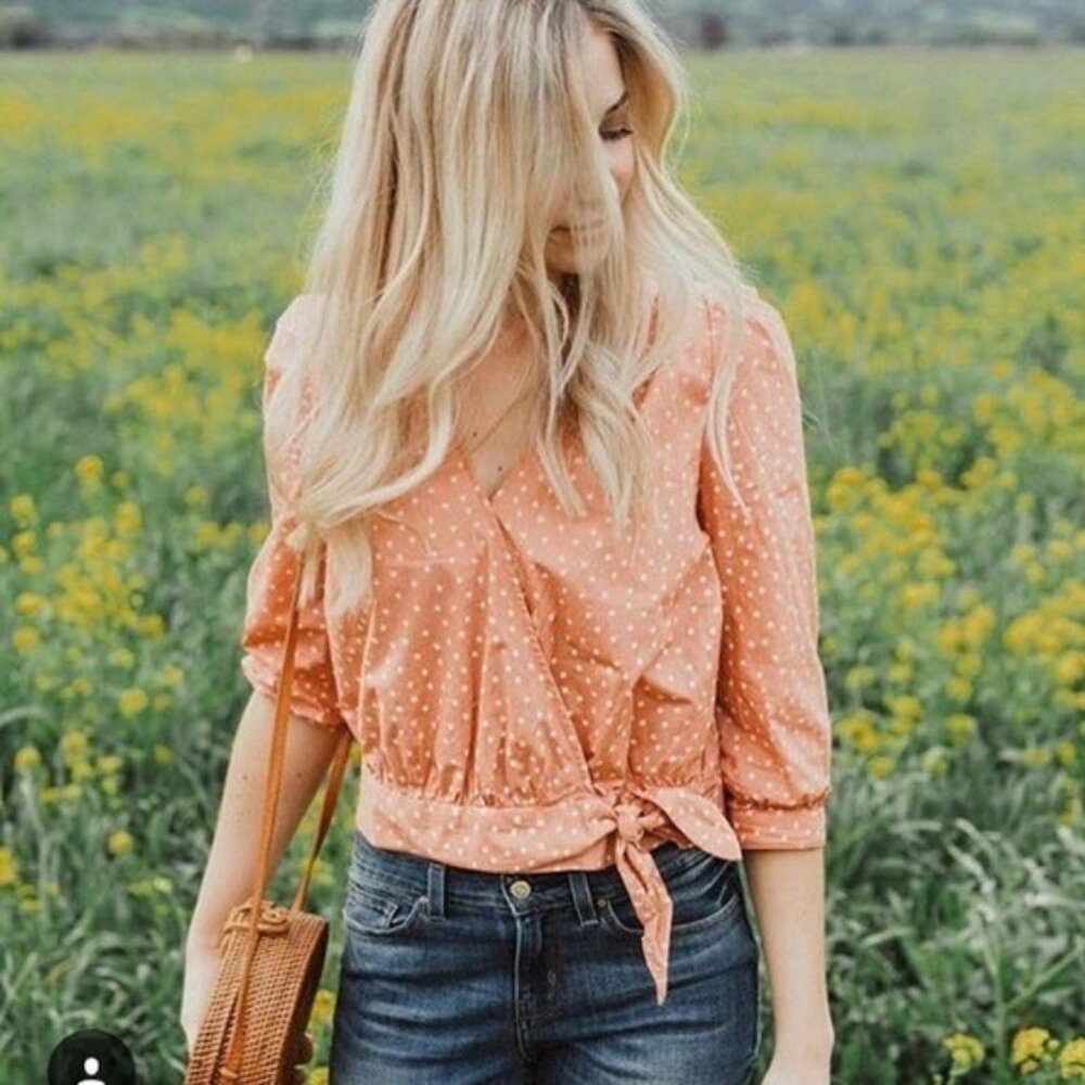 Madewell Womens Medium Peach Wrap Top in‎ Star Scatter Shirt Blouse 3/4 Sleeve